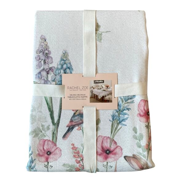RACHEL ZOE Spring Tablecloth 60x120 Floral Bunnies Silver Glitter NEW - Picture 1 of 10